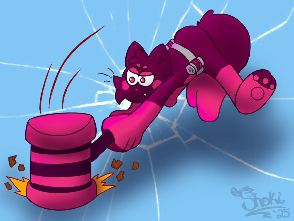 A pink and purple toony cat, smashing the ground with a giant mallet. 