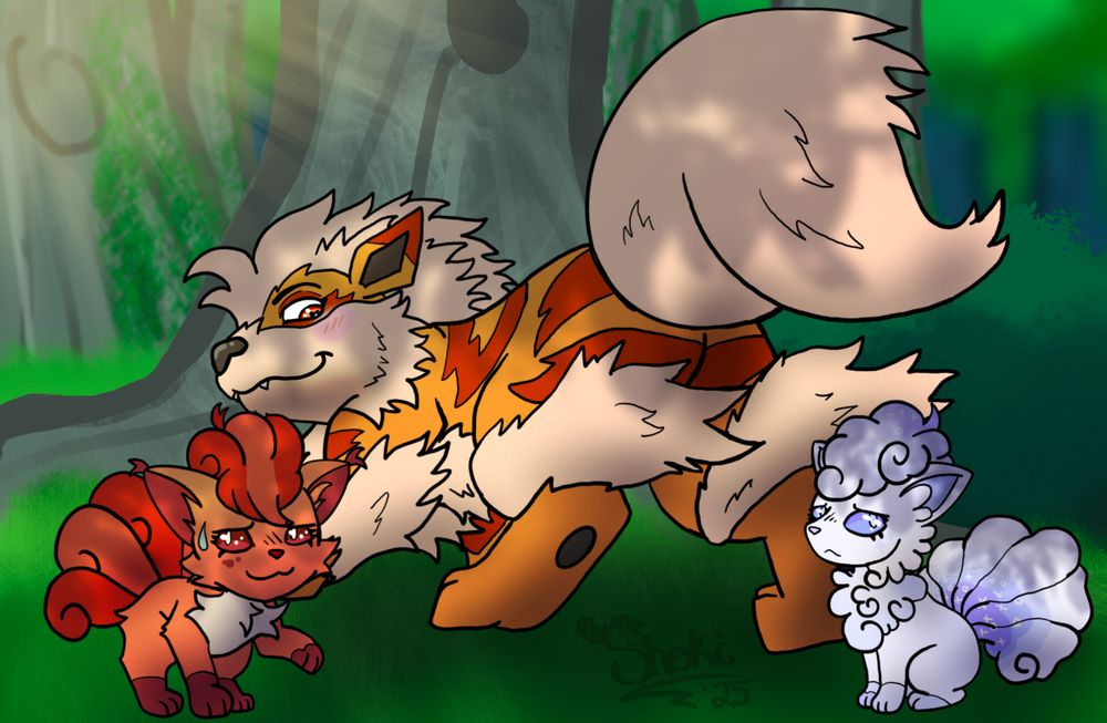 Three pokemon OCs in a shady forest. The arcanine looks back at the alolan vulpix with a blush, while the kanto vulpix looks a little exasperated. 