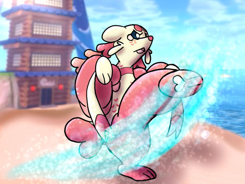 A pink and cream colored Pokémon hybrid, she is a mix of Luvdisc and Mienfoo. She is doing a water-based kicking attack. Background is the Tower of Waters from Sword/Shield. 