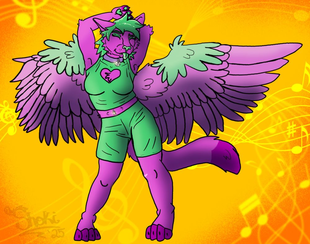 A purple and green anthro cat OC with wings, dancing with music notes in the background.