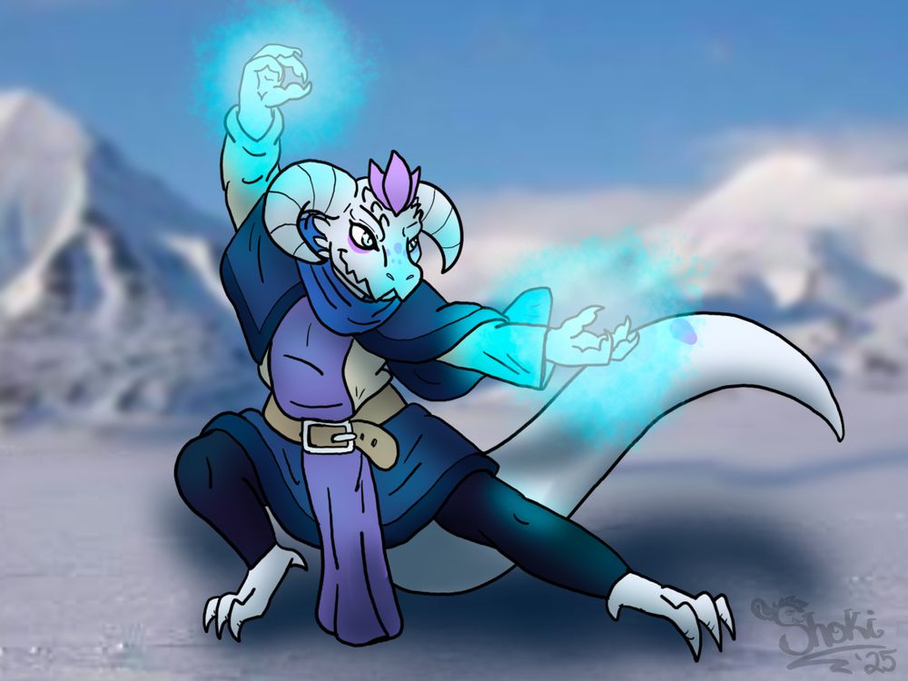 A white kobold OC crouches, making icy magic with their claws. A snowy mountain is in the background. 