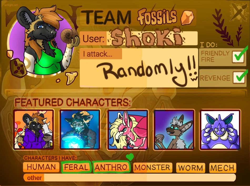 Art Fight 2025 profile art, for Team Fossils. User is Shoki, attacking randomly, and does do friendly fire and revenge art. Featured characters are listed. 