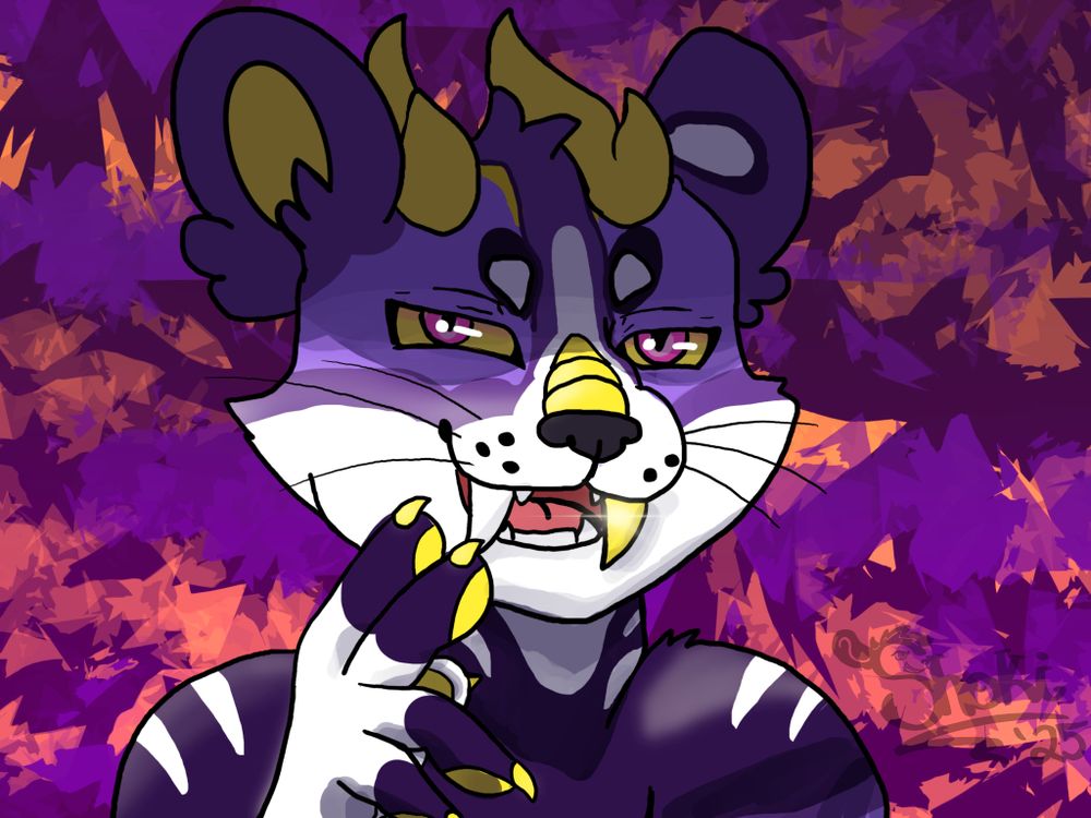 A purple, horned, fossa anthro. He is bearing his fangs, one of which is gold, in a smug expression. Patterned background. 