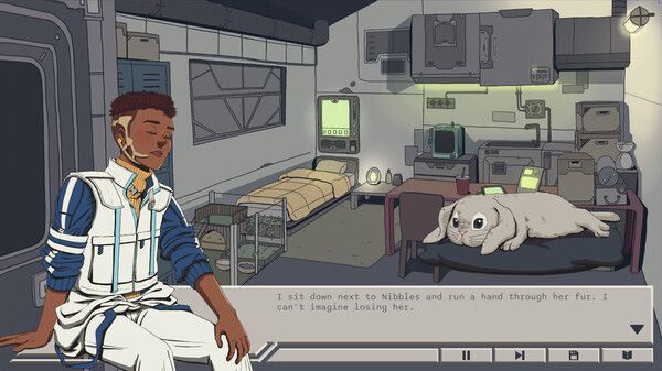 Quality Dreams, Reasonably Priced screenshot of Jin sitting on their bed in a small cyberpunk apartment, eyes closed peacefully. Their sick white rabbit Nibbles lies on a purple cushion nearby. The cramped room shows industrial fixtures, storage boxes, and green-lit monitors. Dialogue reads 'I sit down next to Nibbles and run a hand through her fur. I can't imagine losing her.