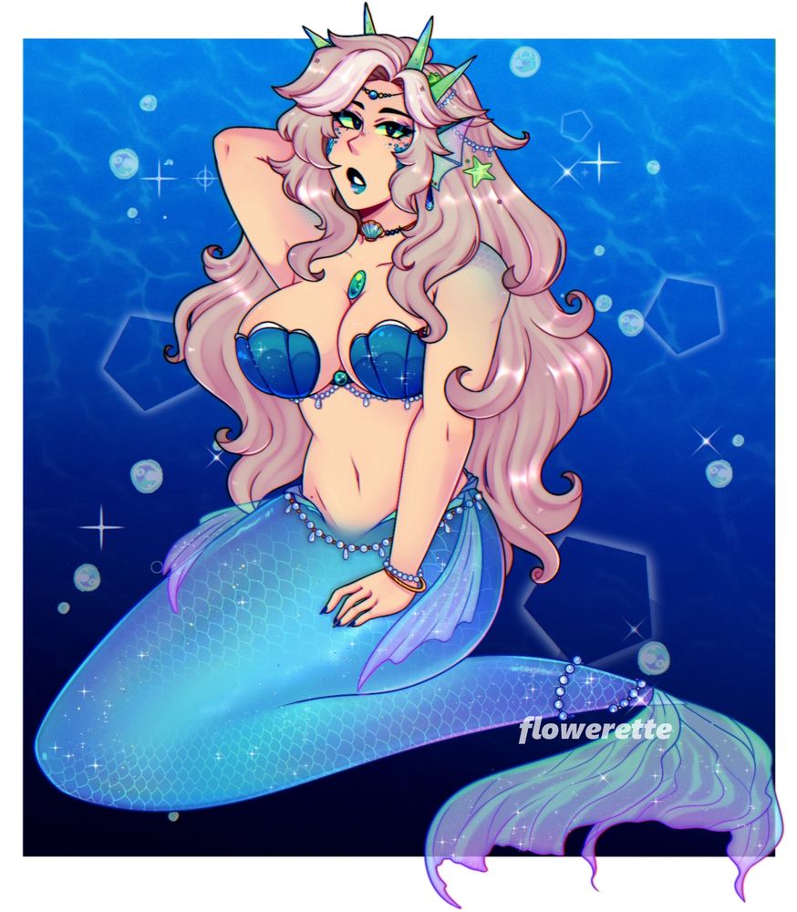 An illustration of an original character, Dianne, re-imagined as a mermaid. She is wearing various pearls and jewels, with a crown made of coral. She has a seashell-styled blue bra, and her fins and tail are a mixture of blues, cyans, and purples. She is posed looking towards the viewer. /end ID