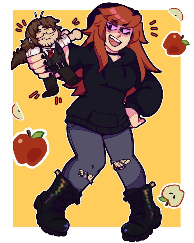 a redraw of a meme of the artists sona posing with a hand on their hip, holding out a plushie version of Gregor from Limbus Company towards the viewer /end ID