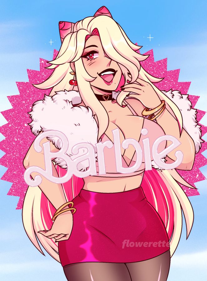 A drawing of an original character, a woman with blonde and pink hair, fair skin, and red eyes, fashionably dressed in various shades of pink. She is matching the theme of the promotional images for the Barbie movie. /end ID