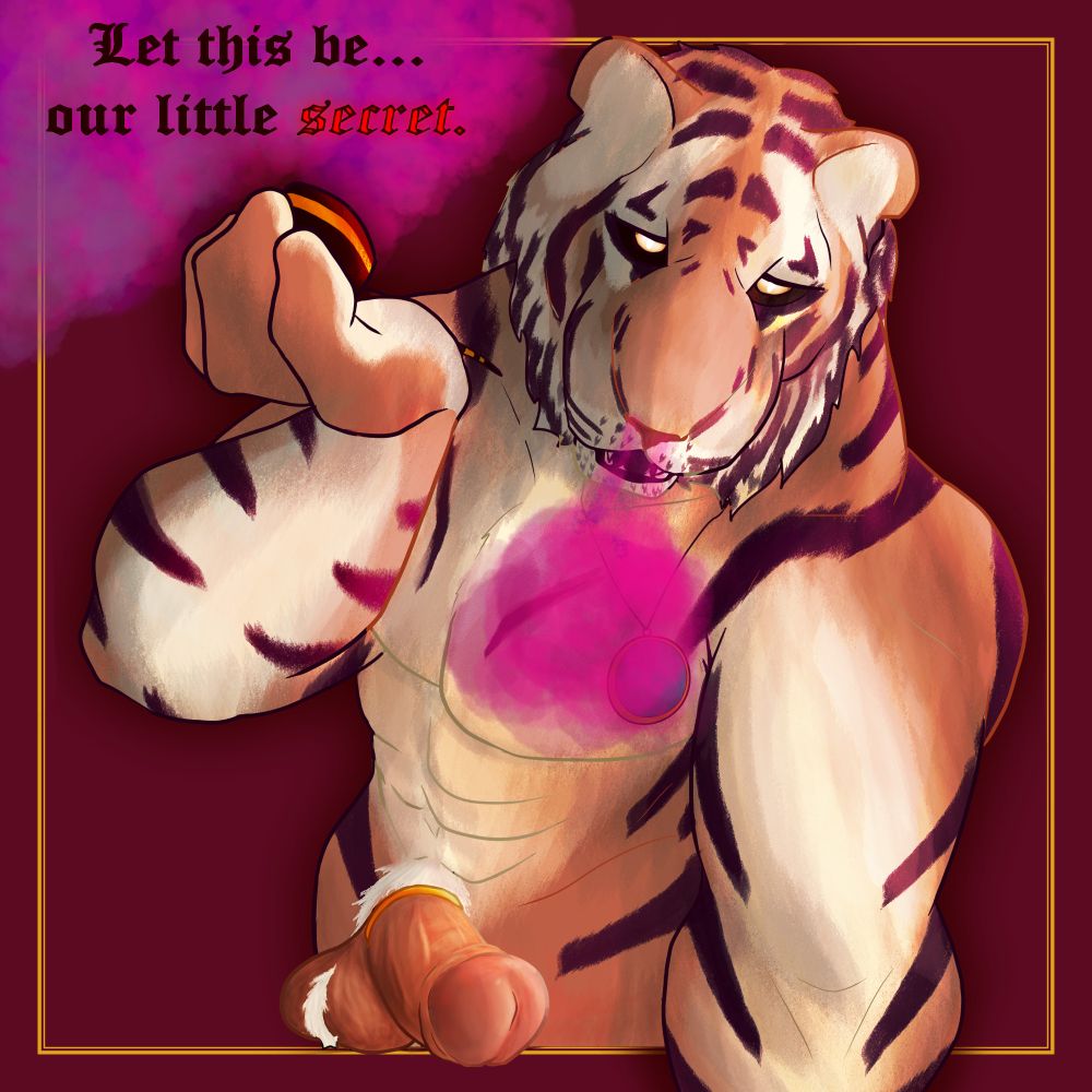 Alt of previous pic, the jockstrap has been removed, and a large, veiny penis lays flat, pointing towards the viewer. He's wearing a golden cockring and has pure white pubic hair.