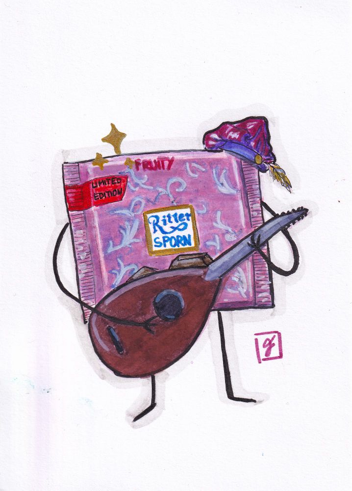Drawing of a RitterSport chocolate bar in a pink wrapper with stick figure arms and legs, wearing a purple barrett and playing a lure. The brand name reads "RitterSporn" as a pun on the German name of the Witcher character Dandelion.