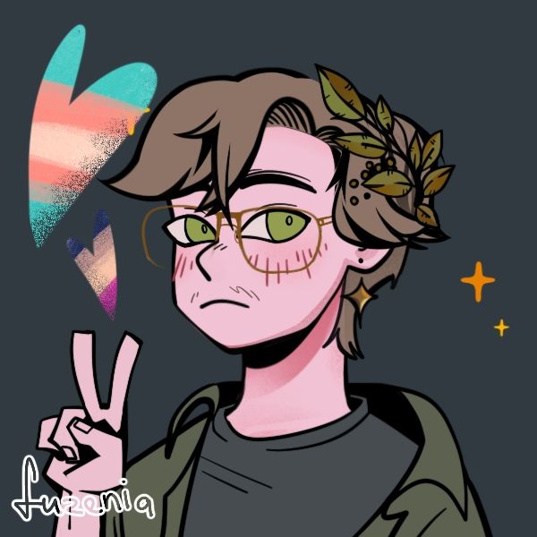 Picrew of me: white guy with short fluffy dark blond hair, glasses, green eyes, blank expression and a tiny baby moustache. Two hearts with trans and ace colors in the bg
