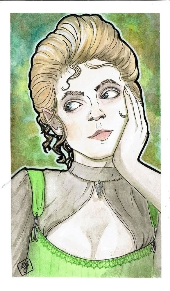 Watercolour portrait of a pale white female Half-Elf. She is resting her face in one hand and looking off to the side with a small, knowing smile. She is wearing a vibrant green pair of stays over a black translucent blouse. Her hair is light blonde and done up in a Gibson Girl style. The background is an abstract mix of greens and yellows that looks a little like moss.