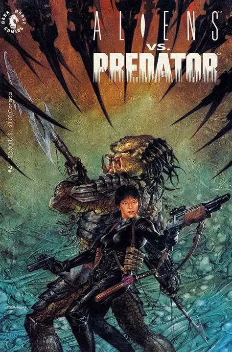 Cover art for issue #4 of Aliens vs. Predator. A predator and a human woman are standing back-to-back in a defensive pose, with multiple weapons raised. Multiple xenomorph tails are pointed at them.