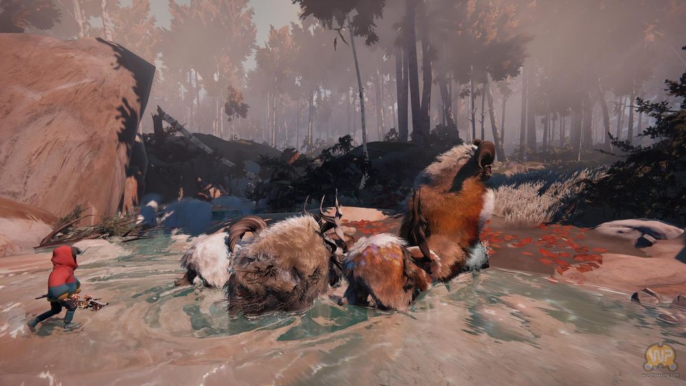 A group of Calicorn are crossing a river, with a young girl behind them, directing them to keep moving forward.