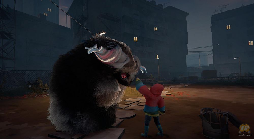 A small girl pets a large monster (known as a Calicorn) that looks like a yak or bison with colorful horns and lots of fuzzy fur. Apartment buildings are in the background.