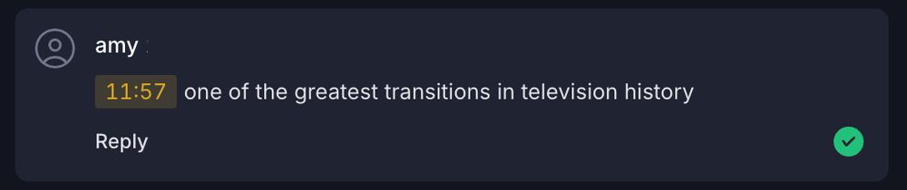 A post-production note from Amy Muller saying a transition in Episode 1 of Scav is one of the greatest transitions in television history