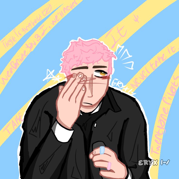 Scaled and icy tyler (but he's seized because of Clancy is dead). He's covering one eye, and the other eye is open and it is yellow. He's in front of a yellow and blue background, and never take it is written. 