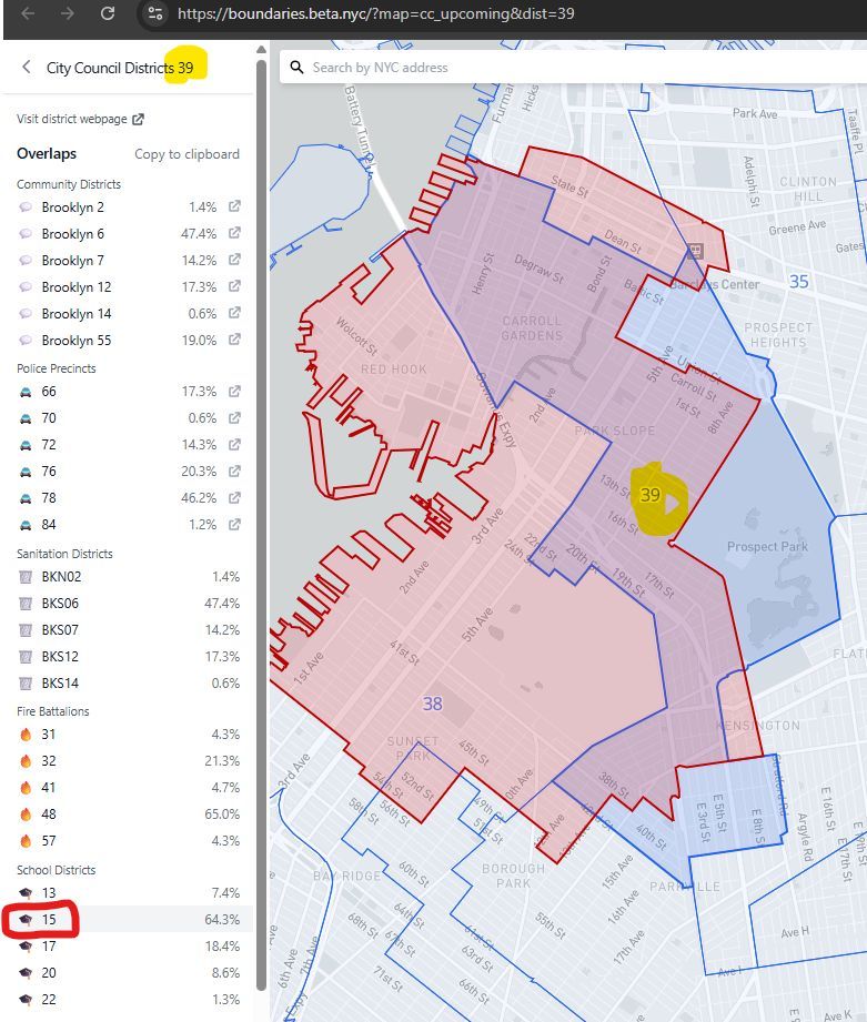 screenshot of interactive map showing the overlap between council district 39 in blue and community school district 15 in red.