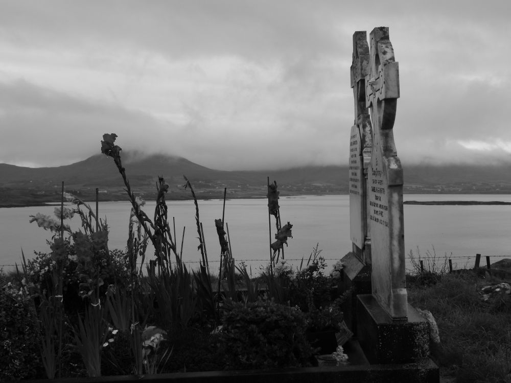A grave with flowers in the old cemetery near Kilcatherin. Photograph taken in black and white on 16 July 2025.