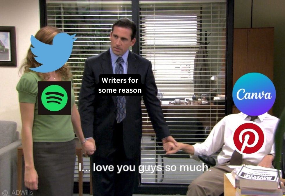 Un homme au milieu (écrivains pour une raison quelconque) qui tient la main de deux personne (Twitter, Spotify, Pinterest, Canva) et qui dit "je vous aime tellement"