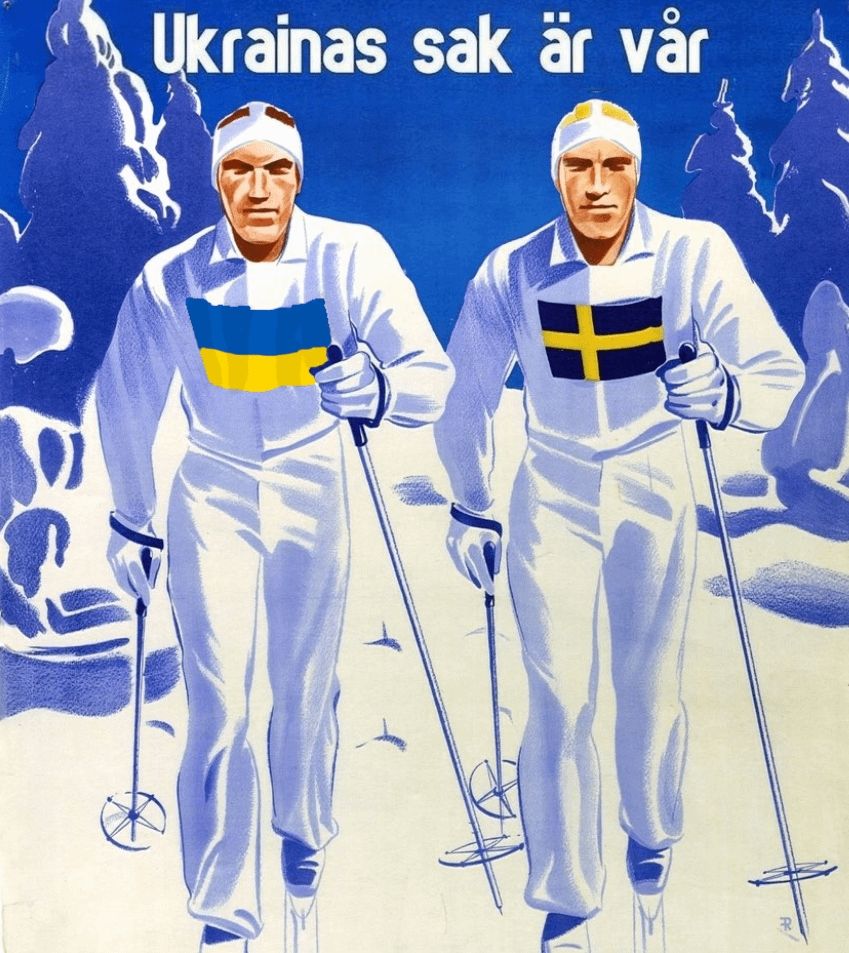 Skidlöpare med Ukrainas och Sveriges flagga
Text Ukrainas sak är vår. 