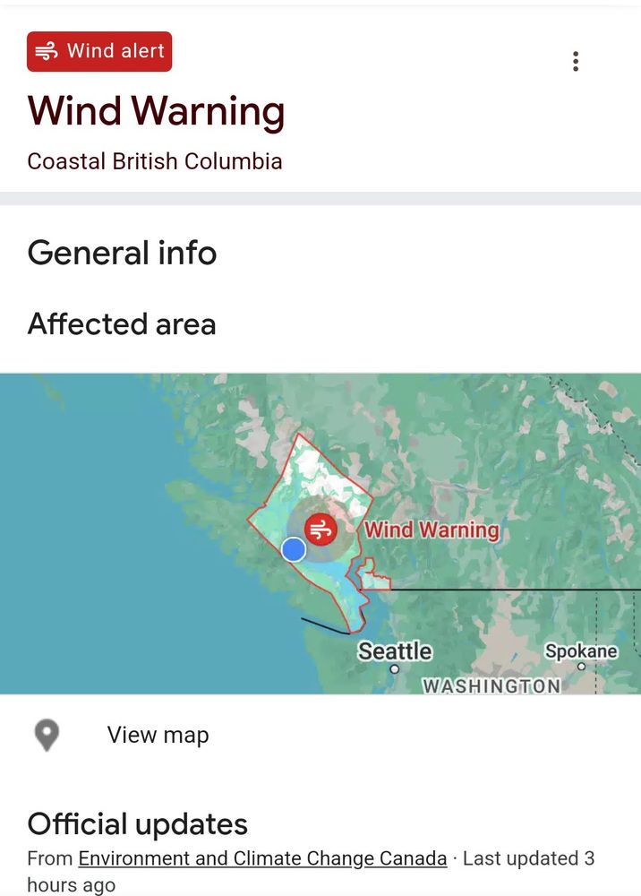 Map showing a severe wind warning and the general area outlined for east vancouver island.