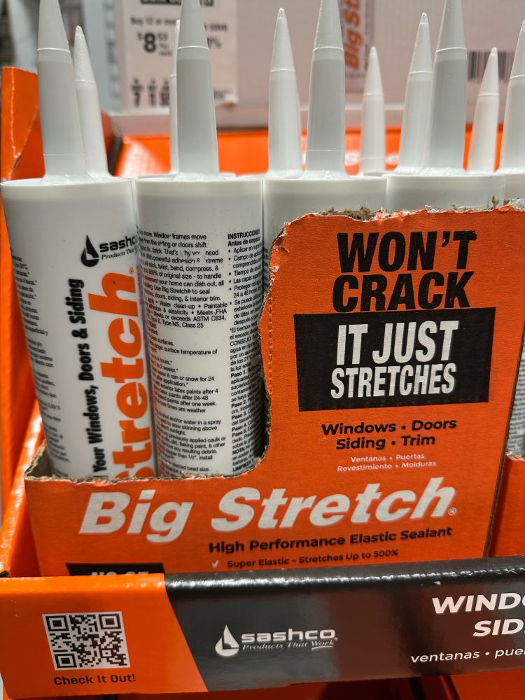 Big stretch high performance elastic sealant. Tag line is “won’t crack, it just stretches”. 