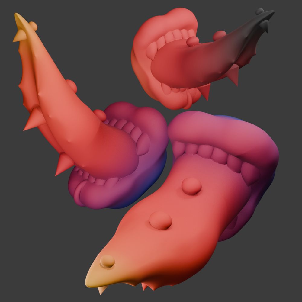 Open mouth with tongue out and three large tongue piercings 