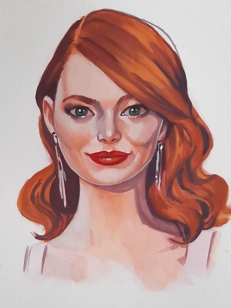 Gouache portrait of a redheaded woman.
