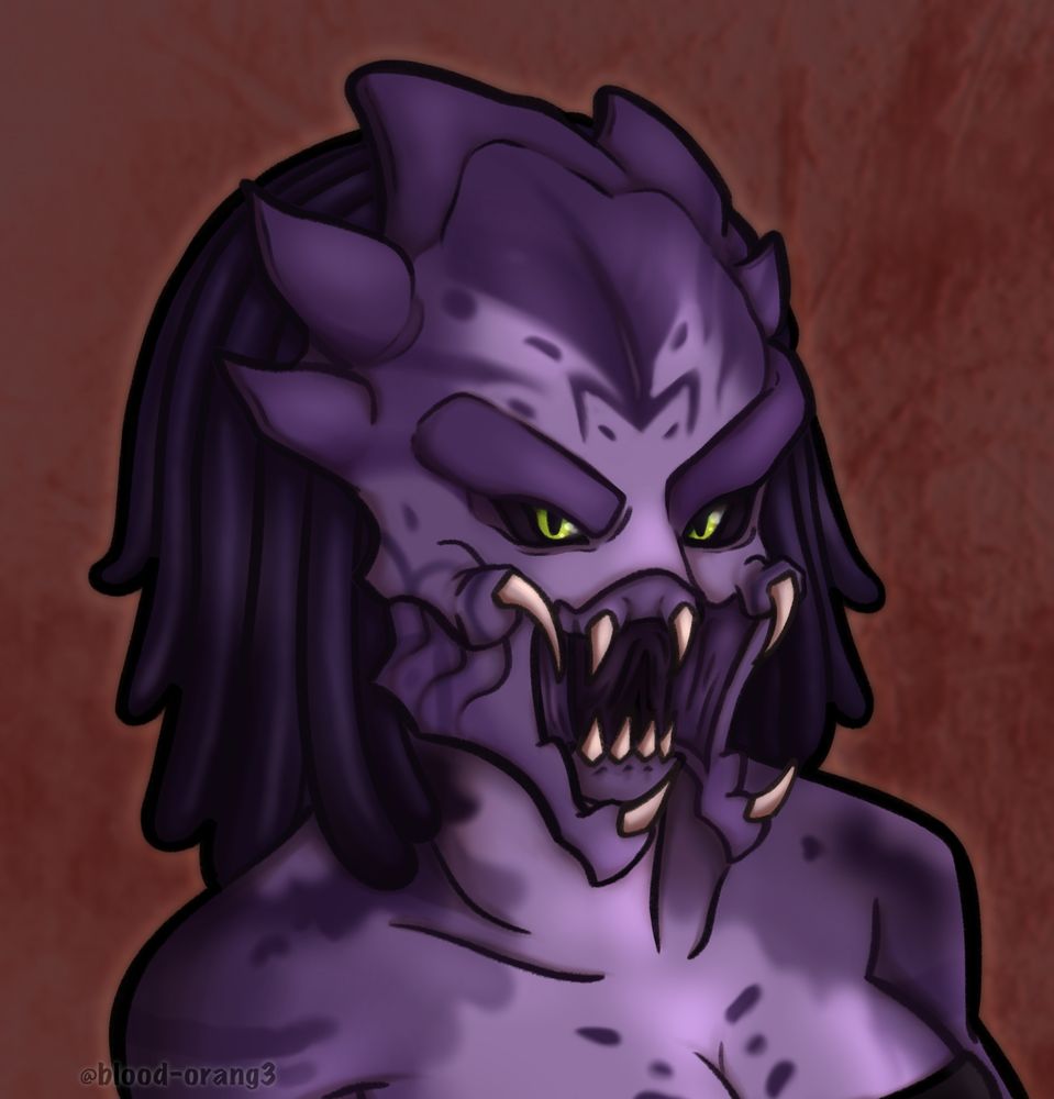 A headshot of a purple Yautja based off the Predator franchise 