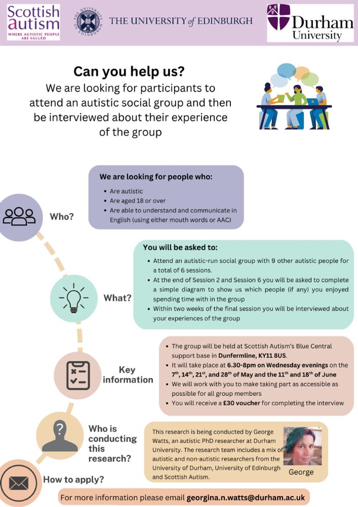 Can you help us?
We are looking for participants to attend an autistic social group and then be interviewed about their experience of the group
We are looking for people who:
Are autistic
Are aged 18 or over
Are able to understand and communicate in English (using either mouth words or AAC) 
You will be asked to:
Attend an autistic-run social group with 9 other autistic people for a total of 6 sessions.
At the end of Session 2 and Session 6 you will be asked to complete a simple diagram to show us which people (if any) you enjoyed spending time with in the group
Within two weeks of the final session you will be interviewed about your experiences of the group
The group will be held at Scottish Autism's Blue Central support base in Dunfermline, KY11 8US.
It will take place at 6.30-8 pm on Wednesday evenings on the 7th, 14th, 21st, and 28th of May and the 11th and 18th of June
We will work with you to make taking part as accessible as possible for all group members
You will receive a £30 voucher for completing the interview.
This research is being conducted by George Watts, an autistic PhD researcher at Durham University. The research team includes a mix of autistic and non-autistic researchers from the University of Durham, University of Edinburgh and Scottish Autism. 
For more information please email georgina.n.watts@durham.ac.uk