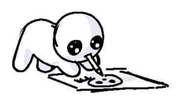 Autism creature is on all fours on the groundz holding a pencil in his mouth. He is making a very poor rendition of a self portrait. He seems to be proud of his work