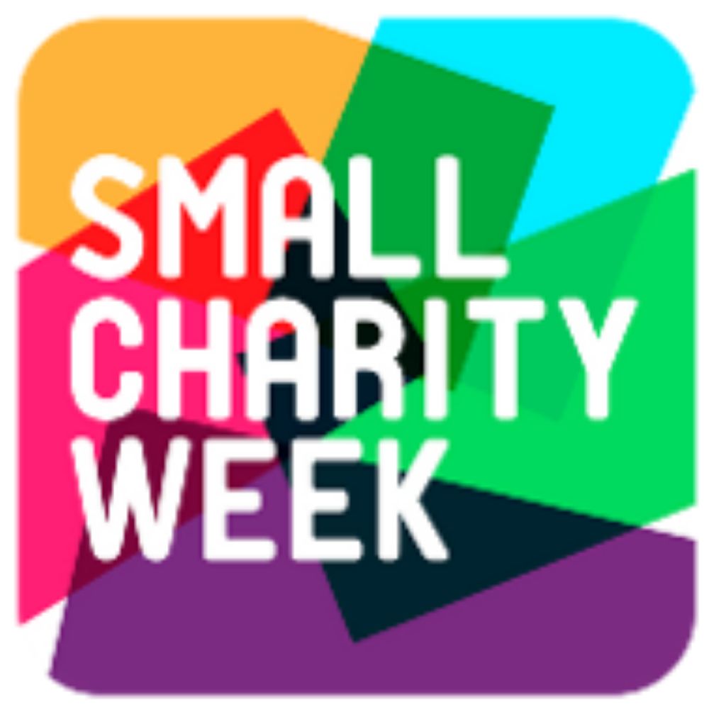 Colorful geometric background with the words "SMALL CHARITY WEEK" prominently displayed in the center. The text is white with a drop shadow effect, enhancing readability against the bright, multicoloured shapes.

