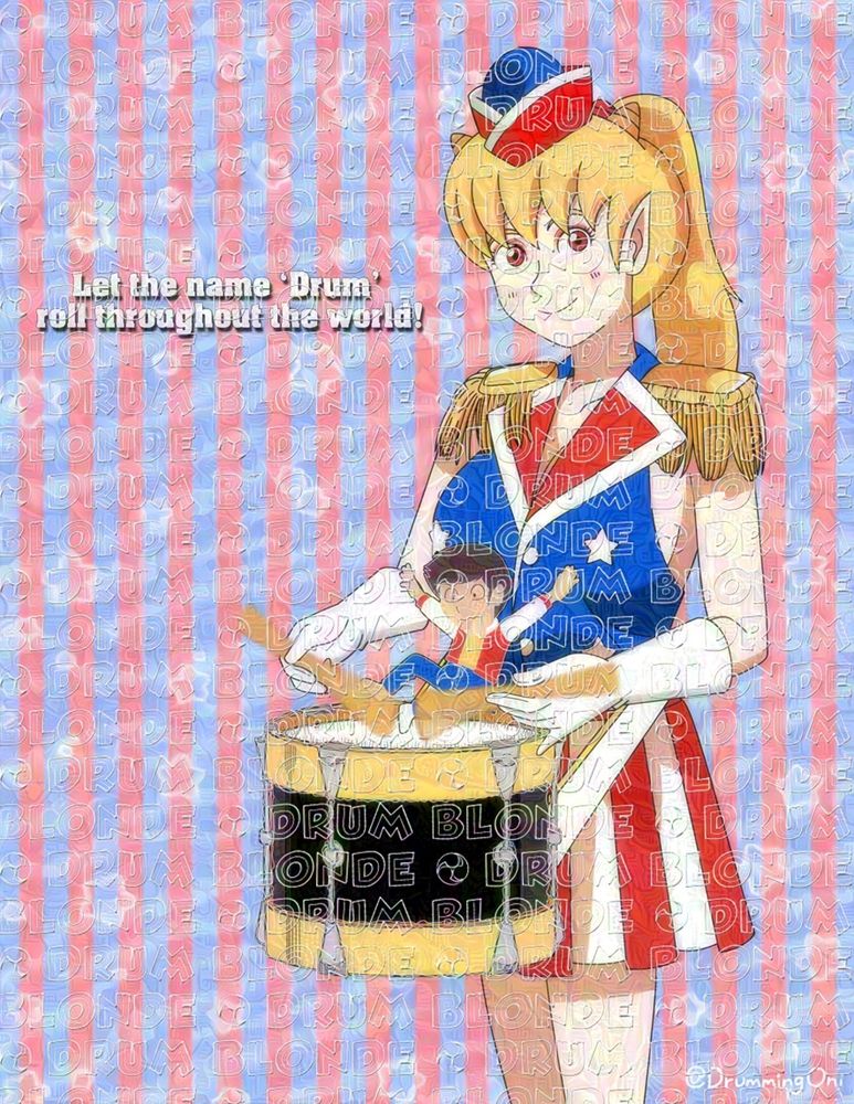 [Version D]
Here is drum playing with her snare drum. Griff (in his chibi or super deformed version) gets vibrated by her drumroll.