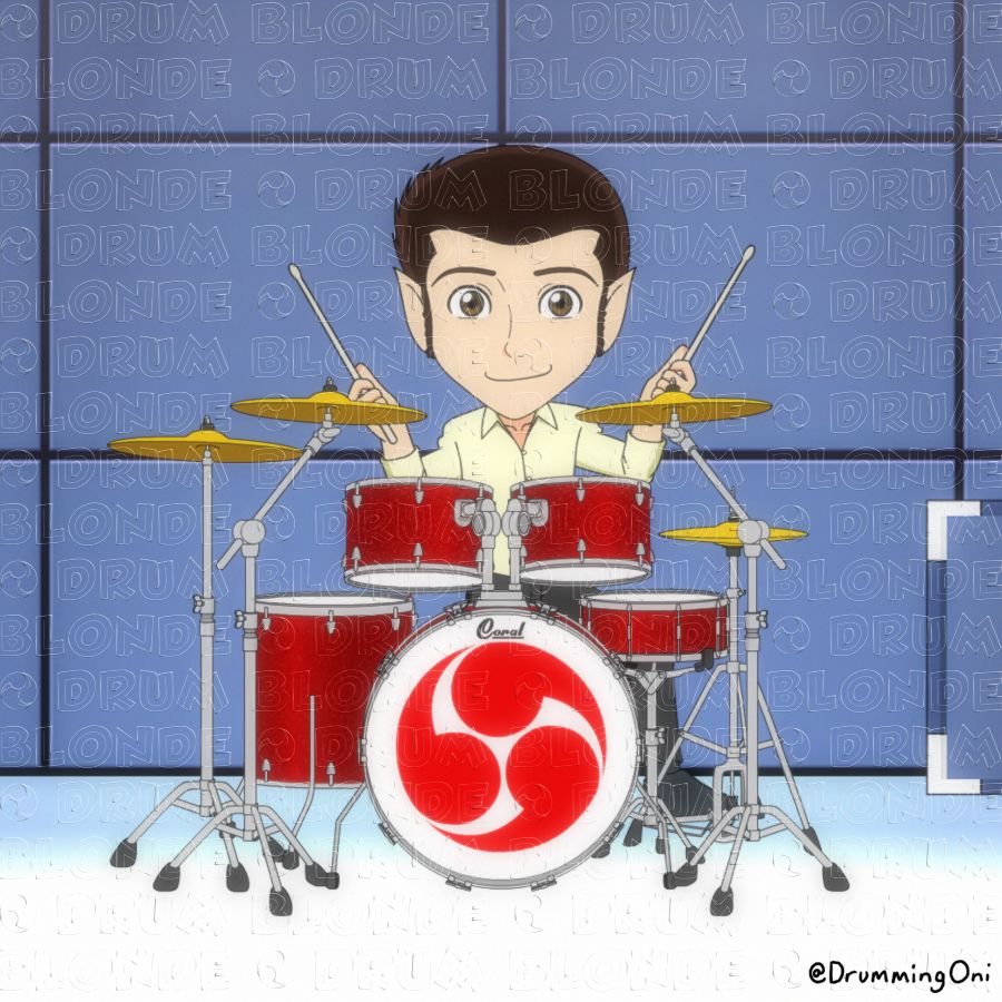 Tai Ko (me as an oni) poses on a sparking red drum set