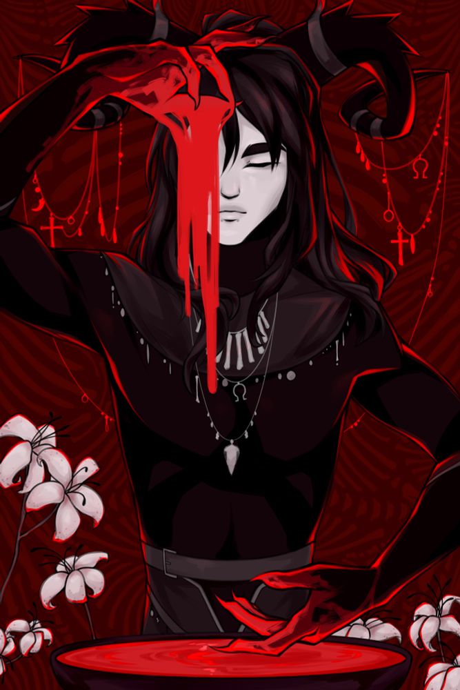 a man with black ram horns and bone jewelry stands before a bowl of blood, one hand raised and dripping red, the other resting just above the bowl’s surface