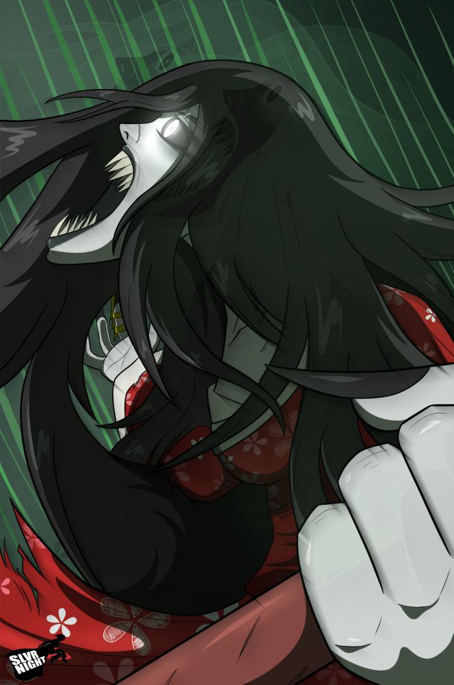 A drawing of Hisako from Killer Instinct, roaring towards the heavens with her black hair flailing and her arms spread.