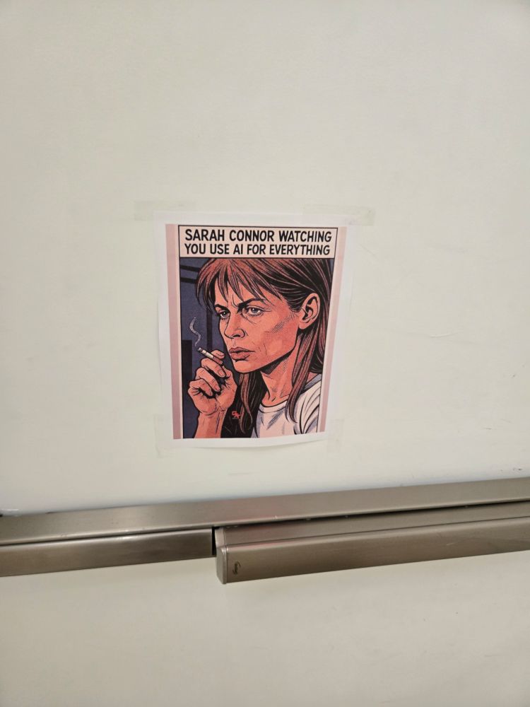 A comic picture of Sarah Connor smoking a cigarette with the caption "Sarah Conner watching you use AI for everything."