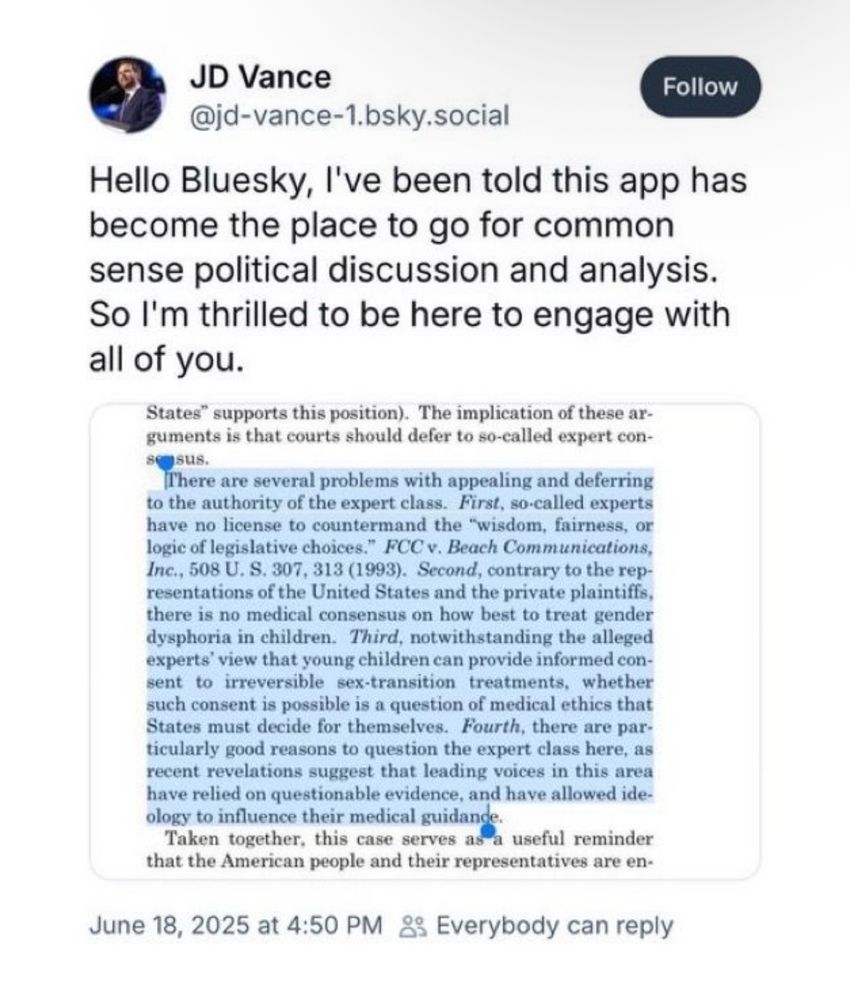 JD Vance @jd-vance-1.bsky.social Follow Hello Bluesky, I've been told this app has become the place to go for common sense political discussion and analysis. So l'm thrilled to be here to engage with all of you. States