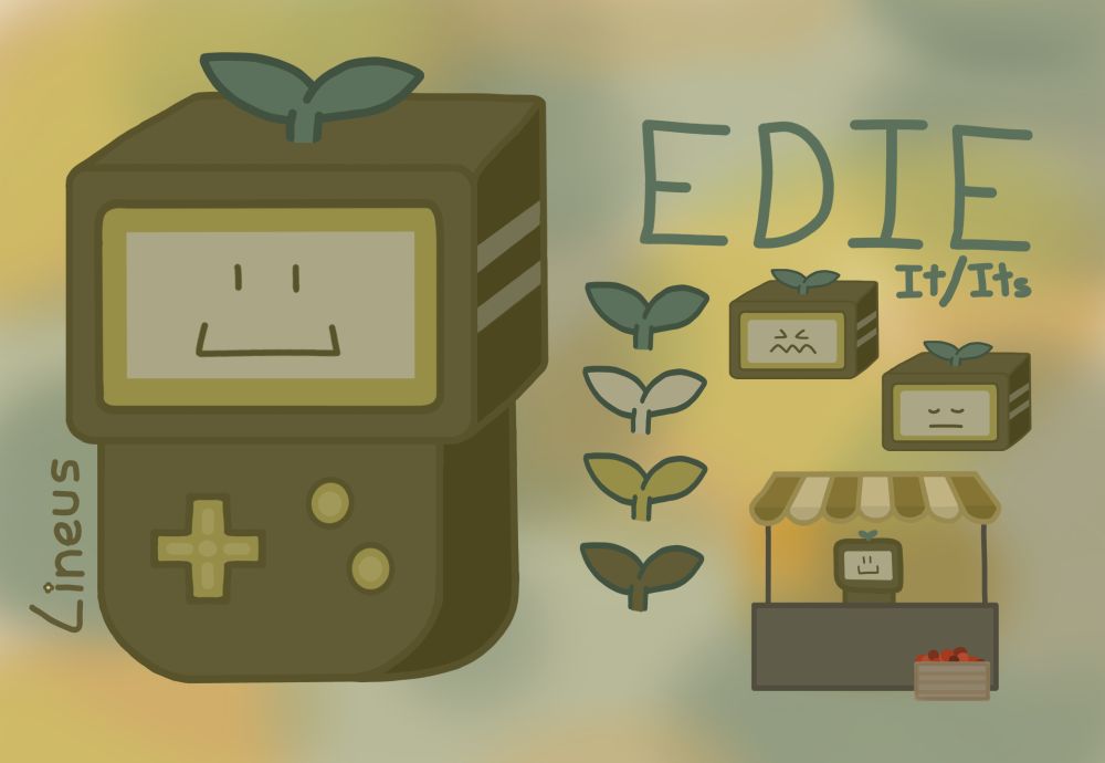 A character sheet of a green robot like character who is similar to a gameboy. On the right it has it's name "Edie" and pronouns "it/its" written out in big text. Below the text there is a market stand, multiple facial expressions and sprout drawings to represent it's colour codes