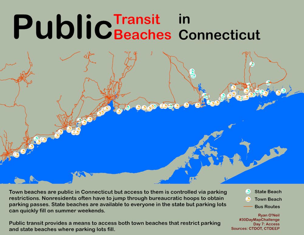 A map showing where state and town beaches intersect with public bus routes