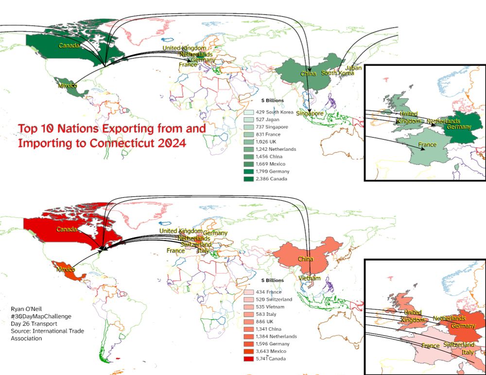 Top nations for exports from and imports to CT.  With 2 maps and insets of Europe 
