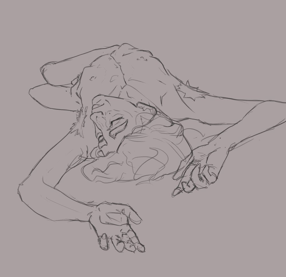 Art of Viktor from Arcane, laying on his back with his hands above his head. Reference used is a sculpture: The Death of Abel by Giovanni Dupr
