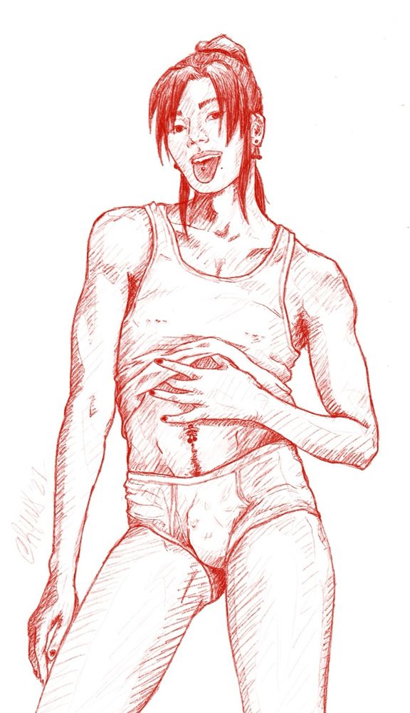 CherryXian! Wei Ying in cherry red, wearing a tank top and little boxer briefs. He’s dragging up his shirt with one hand to show off his cherry belly button jewelry and cute happy trail! This fruitxian loves piercings! As well as his belly button piercing, he has cherry earrings. He’s also sticking out his tongue to show off his tongue piercing. You can see his two pretty pierced nipples showing through his shirt, and (as a treat) a frenum ring (no, not frenulum :D ) showing thru his underwear