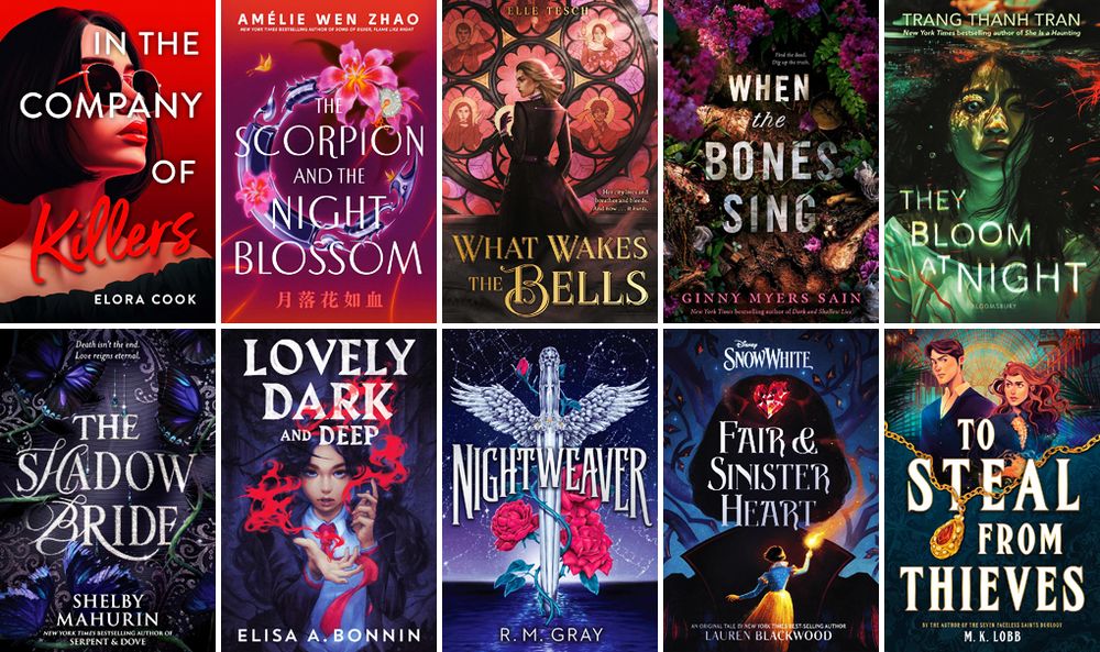 A compilation of ten March 2025 YA book covers including In The Company Of Killers, The Scorpion and The Night Blossom, What Wakes The Bells, When The Bones Sing, They Bloom At Night, The Shadow Bride, Lovely Dark and Deep, Nightweaver, Fair & Sinister Heart and To Steal From Thieves 