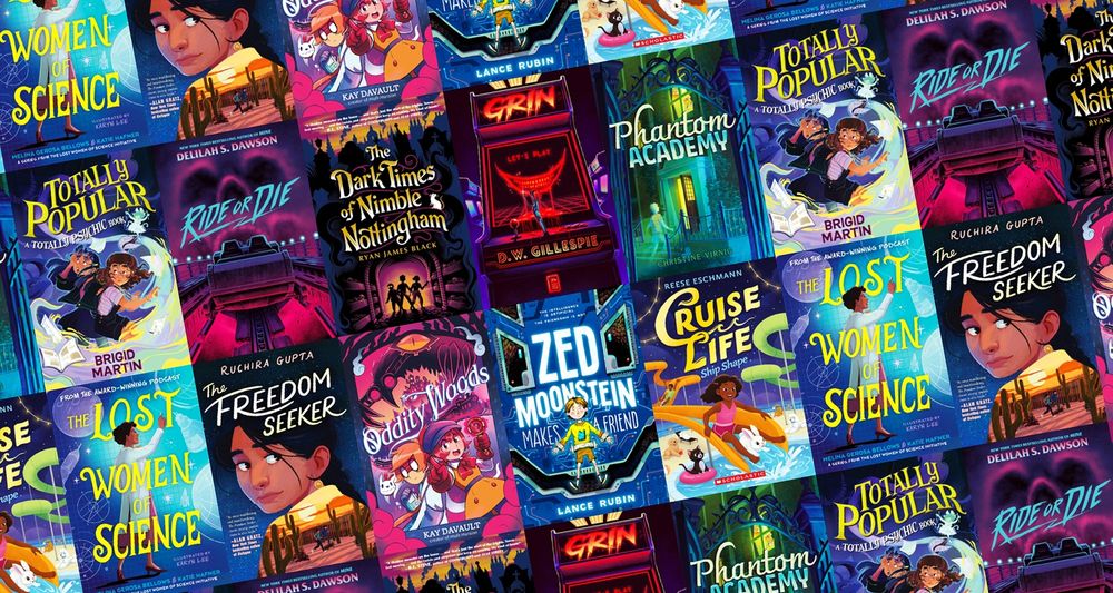 A compilation of ten middle grade books being published in August 2025. Books featured include The Lost Women of Science, The Freedom Seeker, Oddity Woods, Zed Moonstein Makes A Friend, Cruise Life: Ship Shape, Totally Popular, Ride or Die, The Dark Times of Nimble Nottingham, Grin and Phantom Academy.