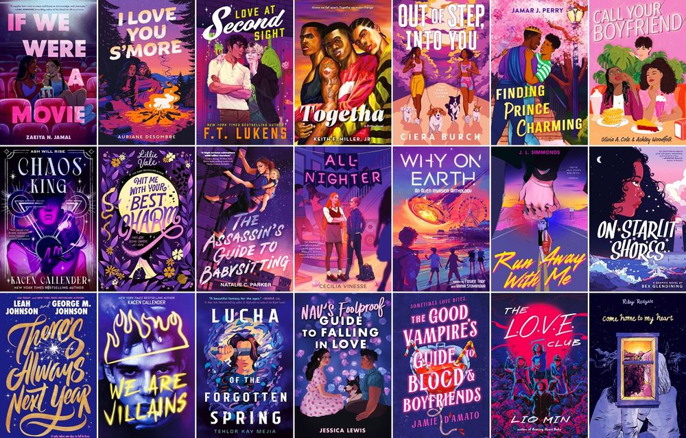 A compilation of twenty-one 2025 young adult book covers in shades of pink and purple. Books featured include if We Were A Movie, I Love You S'More, Love At Second Sight, Togetha, Out of Step, Into You, Finding Prince Charming, Call Your Boyfriend, Chaos King, Hit Me With Your Best Charm, The Assassin's Guide To Babysitting, All-Nighter, Why On Earth, Run Away With Me, On Starlit Shores, There's Always Next Year, We Were Villains, Lucha of the Forgotten Spring, Nav's Foolproof Guide To Falling In Love, The Good Vampire's Guide To Blood and Boyfriends, The L.O.V.E. Club and Come Home To My Heart.