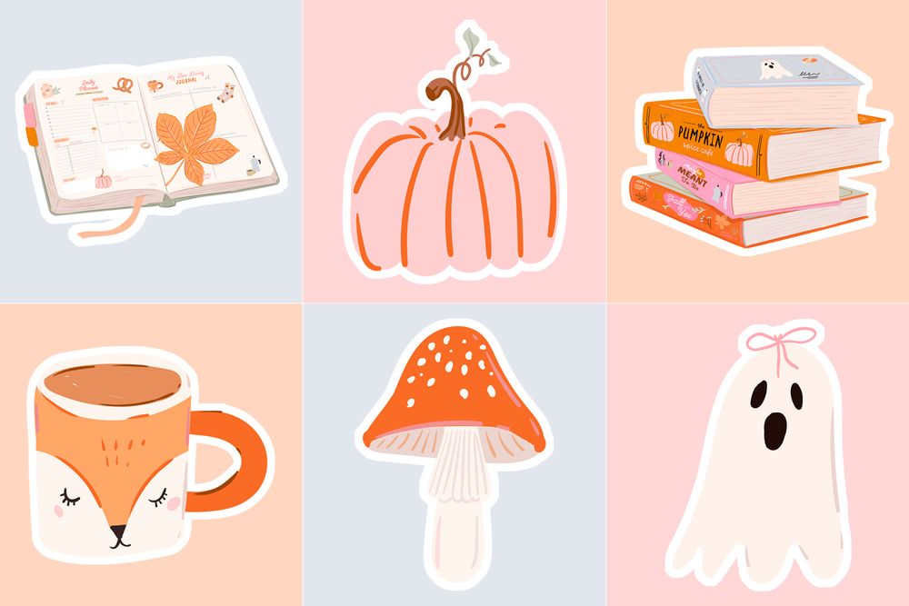 A preview of six of the stickers members of Pop! Goes The Reader's Patreon Sticker Club will receive in September. Stickers include an open book with a leaf on one page, a pink pumpkin, a stack of autumn and Halloween-themed books, a mug with the face of a fox, an orange and white spotted mushroom and a ghost with a pink bow on its head.
