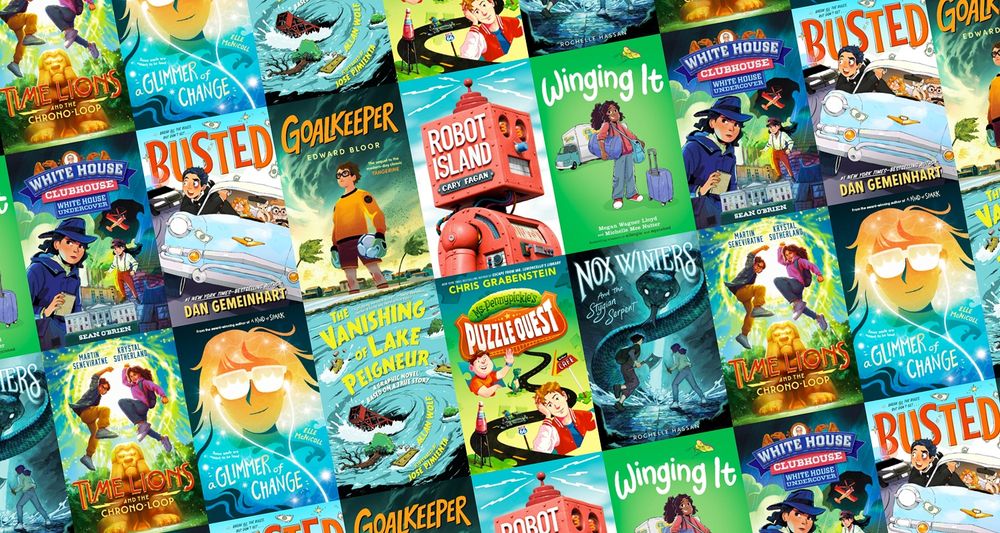 A compilation of ten October 2025 middle grade book covers in shades of green and blue. Books featured include White House Undercover, Busted, Goalkeeper, Robot Island, Winging It, Time Lions and The Chrono Loop, A Glimmer of Change, The Vanishing of Lake Peigneur and Nox Winters and The Stygian Serpent. 