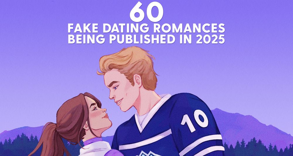 A illustrated image of a white man with blonde hair wearing a hockey jersey, staring into the eyes of a white woman with brunette hair in a ponytail. In the distance behind them is a purple gradient sky, mountains and trees.