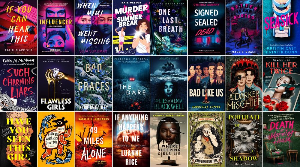 A collage of 24 2024 YA mystery and thriller book covers organized by colour